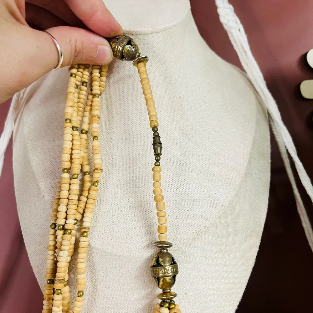 Vintage Bone and Brass Beaded Necklace Ethnic Tribal Statement 1970s Hippie Boho